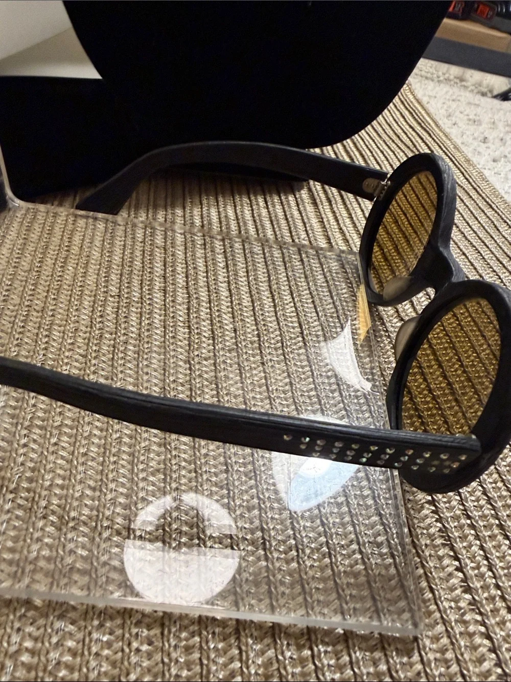 Round Black Sunglasses with Amber Lenses and Crystal Accents